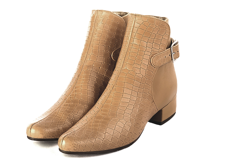 Camel beige women's ankle boots with buckles at the back. Round toe. Low block heels. Front view - Florence KOOIJMAN